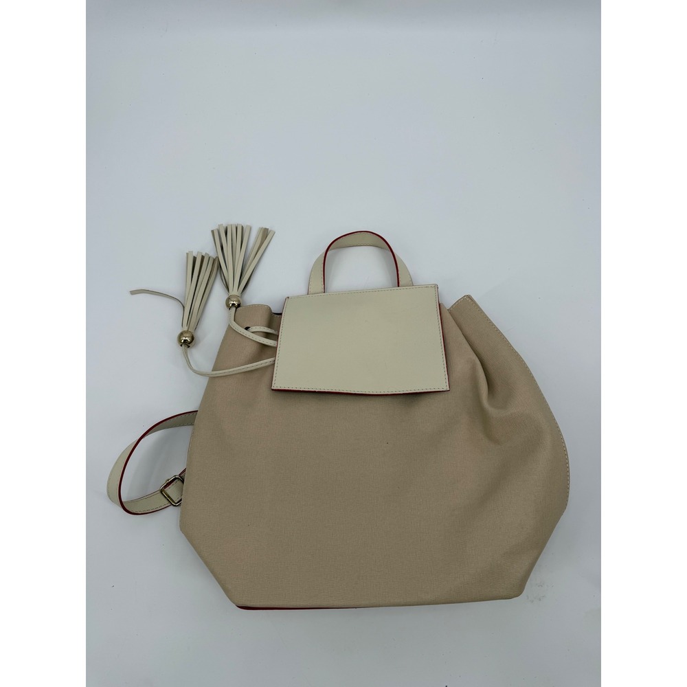 Franco Pugi Italian Leather Backpack Beige‎ Cream Red Trim Tassel Bag
